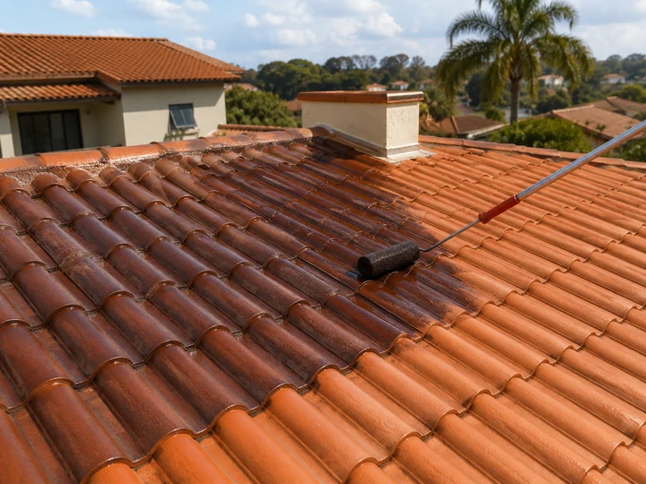 Telhado residencial sendo impermeabilizado